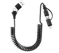 KALANKA-Multi USB Spiral Cable, 4 in 1 Universal USB Cable + 2 USB C + Lighting, Multi Tip Charger Cable Compatible with iPhone 15, Galaxy 23 22, for Huawei, Extended from 0.3 m to 0.8 m (Black)
