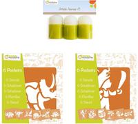 KALANKA-MY MANDARINE 42449AMZC - 1 lot ''apprentissage de la peinture'' comprenant 2 pochettes de 6 pochoirs (Pirates et Dinosaures) et un lot de 3 tampons en mousse - à partir de 3 ans