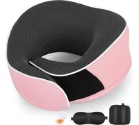 Kalanka-Oreiller De Voyage En Mousse Mémoire Pour Avion & Voiture, Soutien Cervical Réglable À 360°, Portable Pour Longs Vols/Trains, Inclut Masque Pour Les Yeux & Bouchons D'oreilles - Rose