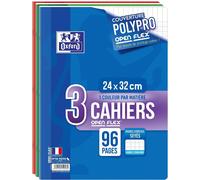 Kalanka-Oxford Lot De 3 Cahiers 24x32 Grands Carreaux Seyès 96 Pages Couverture Polypro Openflex 90g Couleurs Assorties