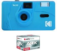 KALANKA-Pack M35 Argentique + Pellicule 100 ASA - Appareil Photo Kodak Rechargeable 35mm Cerulean Blue, Objectif Grand Angle Fixe, Viseur optique , Flash Intégré + Pellicule APX 100, 36 poses
