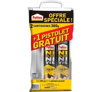KALANKA-Pattex Ni Clou Ni Vis Fix Idéal Bois, colle de fixation surpuissante, colle rapide qui permet une prise instantanée, colle blanche, lot de 2 cartouches 380 g + 1 pistolet extrudeur