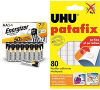 KALANKA-Piles AA, Alkaline Power, Lot de 24, Pile alcaline & UHU Patafix Blanche - pastilles adhésives prédécoupées, pâte à Fixer, repositionnables, Blanche, 80 pastilles