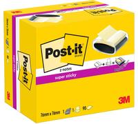 KALANKA-Post-it Dévidoir Noir + Z-Notes Post-it Super Sticky, Jaune Canari, 90 Feuilles (76 mm x 76 mm) - pour le Bureau et la Maison