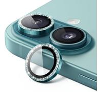 KALANKA-Protecteur d'Objectif de Cam¿¿ra pour iPhone 16 6,1 Pouces et iPhone 16 Plus 6,7 Pouces, Bling Paillettes en Verre Tremp¿¿ Individuel 9H Couvrir Anneau M¿¿tal, HD Clair, 1 S¿¿rie (Bleu Vert)