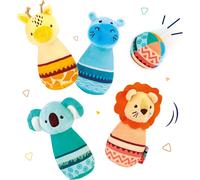 KALANKA-- Quilles Tissu - Jouet D'Éveil - Jeu De Bowling - Matière Douce - Stable - Silencieux - Dès 10 Mois - 1 Balle Et 4 Quilles Lestées - 1 Lion, 1 Hippopotame, 1 Koala, 1 Girafe - 6 x 6 x 14 cm