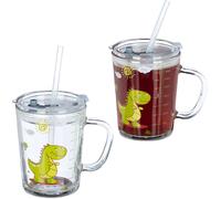Kalanka-Relaxdays Tasse Enfant, Lot De 2, Motif Dinosaure, Verre Avec Poignée, Couvercle Et Paille, Échelle 400 Ml, Transparent