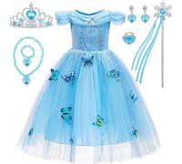 KALANKA-Robe de Princesse Elsa pour Filles,Complet avec Couronne,Baguette de Fée,Collier,Bague,Bracelet,Paire de Clips D'oreille,Idéal pour Cosplay,Anniversaires et Carnaval,Taille 120 pour 4-5 Ans