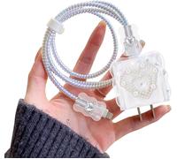 KALANKA-Série de Protege Chargeur Câble Compatible avec iPhone, Protecteur de Câbles avec Joli Modèle de C?ur Perle pour Fille, Protecteurs pour Raccords de Câbles, Protecteur de Chargeur USB Type-C