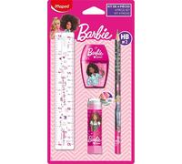 Kalanka-- Set De Papeterie Barbie 4 Pièces - 1 Règle Transparente 15cm + 1 Taille-Crayons 1 Trou + 1 Gomme Tube Protégée + 1 Crayon Papier Hb - Licence Barbie Officielle