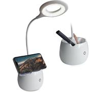 KALANKA-® Touch USB Lampe de bureau LED - Lampe de table avec porte-stylo et support pour téléphone portable - USB et piles - Blanc