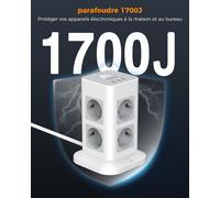 KALANKA-Tour Multiprise avec 8 Sortie AC et 3 USB, Multiprise avec Prise Plate et Interrupteur, Prise Electrique Parafoudre et Surtension 3600W avec 2M Cable pour Bureau et Maison, Gris