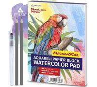 KALANKA-TRITART Papier Aquarelle - Format A5 300g - 55 Feuilles - Blanc - Sans Acide - Papier Dessin - Papier peinture aquarelle - Bloc aquarelle DIN A5 avec pinceau à eau et 2 crayons à papier