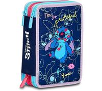Kalanka-Trousse Scolaire Élémentaire 3 Compartiments ¿ Lilo & Stitch My Alien Pal ¿ Disney ¿ Bleu ¿ Contenu 43 Pièces ¿ Avec Crayons, Marqueurs, Etc. ¿ Porte-Stylo École Fille Élémentaire, Bleu, Tagl