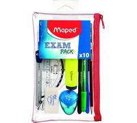 Kalanka-- Trousse Transparente Avec 10 Pièces Daily Pack - La Trousse Complète Pour L'école - 3 Stylos, 1 Crayon À Papier, 1 Surligneur, Compas, Gomme, Taille-Crayons, Règle 15cm, Equerre