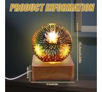 Kalanka-Veilleuse Boule De Cristal 3d: Veilleuse Boule De Verre Feu D'artifice 9 Cm Avec Base En Bois Usb, Boule De Cristal Feu D'artifice, Cadeau D'anniversaire, Décorations Par Usb Boule De Verre