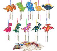 KALANKA-Wenrescry Lot de 10 Carillons Éoliens Dinosaures en Bois ¿ Kit DIY pour Enfants avec Pinceaux et Autocollants ¿ Activité Créative pour Anniversaires, Ateliers et Bricolage