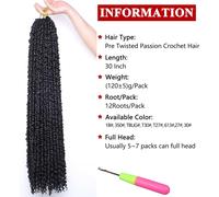 Kalanka-Xtrend 30 Inch 8 Packs Pre Twisted Passion Twist Crochet Hair Natural Black Pre-Looped Passion Twists Hair Extensions For Women 12strands/Pack (1b#)