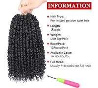 Kalanka-Xtrend 8 Pouces 8 Packs 12 Mèches/Pack Passion Twist Pré-Torsadés Courts Pré-Bouclés Cheveux Synthétiques Extensions De Tresses Pour Femmes Noires (1b#)