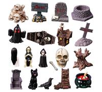 Kalastussaari Accessoires Miniatures d'halloween, 19pcs Résine Mini Tombes Tombes Witch Pumpkin Figurines Cauldron Ravens Branche Arbres Scène Scène Village Accessoires pour Halloween Favors Favors