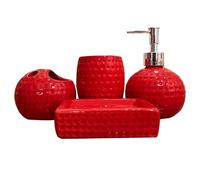 Kalastussaari Ensemble de Salle de Bain Rouge 4pcs, Accessoires Salle Bain Rouge en céramique Comprend Un Support Brosse à Dents, Un gobelet, Distributeur Lotion, Plat Savon pour la décoration
