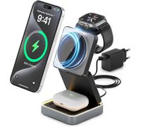 KALCX-Chargeur Sans Fil Magnétique 3 En 1 Pliable 15W Rapide Avec Éclairage Led Réglable 2 Niveaux-Compatible Mag-Safe Iphone 16/15/14,Apple Watch,Airpods-Adaptateur Usb-C 20W Inclus-Noir