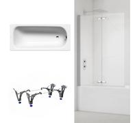 Kaldewei - 170x75 cm Ensemble baignoire Saniform universelle + Pare baignoire pliable, 2 volets chrome + pieds (KW3731-SETP2)