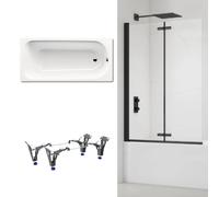 Kaldewei - 170x75 cm Ensemble baignoire Saniform universelle + Pare baignoire pliable, 2 volets noir + pieds (KW3731-SETP4)