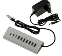KALEA-INFORMATIQUE Hub USB3 Aluminium 10 Ports A et C | Hub USB 3.0 en aluminium à dix ports, comprenant sept ports USB Type-A et trois ports USB Type-C, avec alimentation 12 V 3 A.