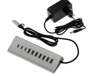 KALEA-INFORMATIQUE Hub USB3 Aluminium 10 Ports A et C | Hub USB 3.0 en aluminium à dix ports, comprenant sept ports USB Type-A et trois ports USB Type-C, avec alimentation 12 V 3 A.