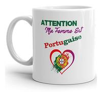 Kalféa Mug amour Attention ma femme est Portugaise tasse drôle Qualité Idée Cadeau Originale Anniversaire Noël Fête couple femme épouse chérie amie collègue