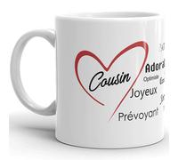 Kalféa Mug Amour cousin je t'aime cousin avec coeur et compliments tasse céramique Qualité Idée Cadeau Originale Famille Parent anniversaire noel fete 325ml