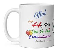Kalféa Mug anniversaire 44 ans humour quarante quatre ans modeste drole tasse haute qualité idée cadeau rigolo quarantaine fete Noel homme femme ami collegue copain pote famille