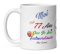 Kalféa Mug anniversaire 77 ans humour tasse soixante dix sept ans modeste drole tasse haute qualité idée cadeau rigolo fete Noel homme femme ami collegue copain pote famille