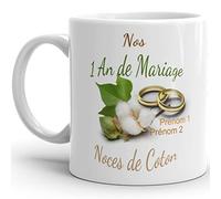 Kalféa Mug anniversaire mariage 1 an noces de coton personnalisable 2 prénoms tasse Idée Cadeau Originale Famille couple mari femme noel fete époux épouse