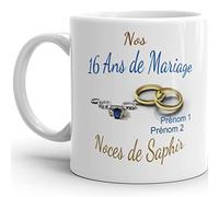 Kalféa Mug anniversaire mariage 16 ans noces de Saphir personnalisable 2 prénoms tasse personnalisée Idée Cadeau Originale Famille couple mari femme noel fete époux épouse