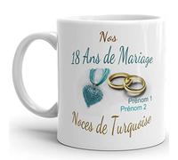 Kalféa Mug anniversaire mariage 18 ans noces de Turquoise personnalisable 2 prénoms tasse personnalisée Idée Cadeau Originale Famille couple mari femme noel fete époux épouse