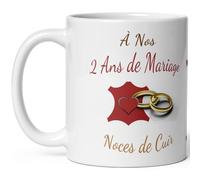 Kalféa Mug anniversaire mariage 2 ans noces de cuir tasse deux ans mariage Idée Cadeau Originale mari femme couple noel fete époux épouse céramique 325ml