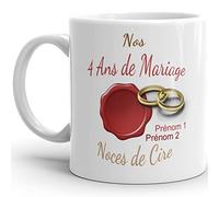 Kalféa Mug anniversaire mariage 4 ans noces de cire personnalisable 2 prénoms tasse personnalisée Idée Cadeau Originale Famille couple mari femme noel fete époux épouse
