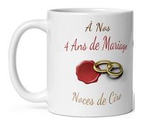 Kalféa Mug anniversaire mariage 4 ans noces de cire tasse quatre ans mariage Idée Cadeau Originale mari femme couple noel fete époux épouse céramique 325ml