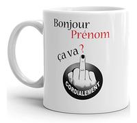 Kalféa Mug Humour personnalisable prénom Tasse céramique bonjour doigt d'honneur fais pas chier Qualité Idée cadeau Originale drôle anniversaire Noël fête ami collegue homme femme famille 325ml