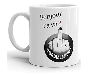 Kalféa Mug Humour Tasse bonjour ça va doigt d'honneur cordialement fais pas chier tasse céramique Qualité Idée cadeau Originale drôle anniversaire Noël fête ami collegue homme femme 325ml