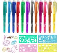 Kalhj-12 Pièces Stylos Encre Effacable Avec 4 Gabarits De Dessin,0.7mm Stylos À Bille Avec Gomme,Bille Effaçables À Encre Gel Colorés Pour Fournitures Scolaires,Fournitures De Bureau,Étudiants