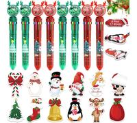Kalhj-8 Pièces Stylos À Bille De Noël+12 Pièces Mini Notes Autocollantes De Noël,10-En-1 Stylo À Bille Rétractable Couleur,Feuilles Notes Adhésives,Santa Claus,Bonhomme Neige Motif Renne Sticky Note