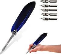 Kalhj-Plume Calligraphie,Stylo Avec Plume,Plume A Ecrire,Plumes Ecrire,Stylo Plume Vintage,Plumes Vintage,Plume Ecrire,Stylo Avec Une Plume,Quill Feather Pen Set,Avec 5 Pointes De Rechange,Bleu