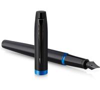 Kalhj-Stylo Plume Im Vibrant Rings-Satin Noir Laqué Avec Détails Bleu Océan-Plume Fine Avec Recharge D¿Encre Bleue-Étui Cadeau
