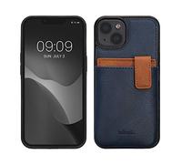 kalibri Coque Compatible avec Apple iPhone 13 / iPhone 14 - Housse Similicuir avec Compartiment pour 2X Carte - Bleu foncé-Marron