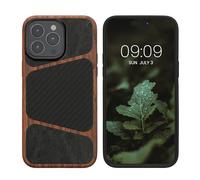 kalibri Coque Compatible avec Apple iPhone 14 Pro Max Coque - Housse en TPU Bois Similicuir et Texture Carbone Compatible avec MagSafe - Brun foncé-Noir
