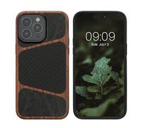 kalibri Coque Compatible avec Apple iPhone 15 Pro Max Coque - Housse en TPU Bois Similicuir et Texture Carbone Compatible avec MagSafe - Brun foncé-Noir