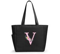 KALIDI Grand sac fourre-tout personnalisé avec fermeture éclair, initiale de A-Z monogrammé, cadeau pour femme, demoiselle d'honneur, maman, enseignante, amie, mariage, shopping quotidien, Noir-V
